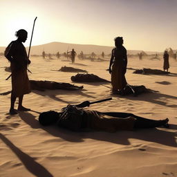 The digital art image now focuses on the aftermath of the battle in the desert village