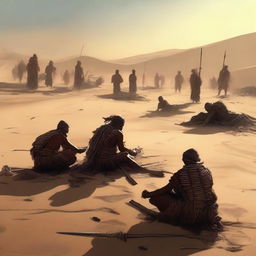 The digital art image now focuses on the aftermath of the battle in the desert village