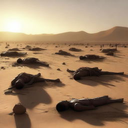 The digital art image now focuses on the aftermath of the battle in the desert village