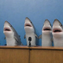 A group of animated sharks standing behind a podium, attending a press conference with microphones placed in front of them.