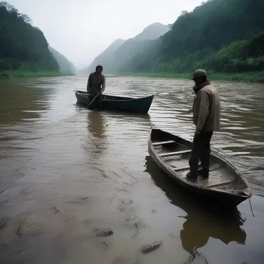 The filmmaker used a wide-angle shot to capture the scene of fishermen casting their lines into a river teeming with rough fish, creating a sense of desolation and despair.