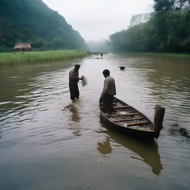 The filmmaker used a wide-angle shot to capture the scene of fishermen casting their lines into a river teeming with rough fish, creating a sense of desolation and despair.