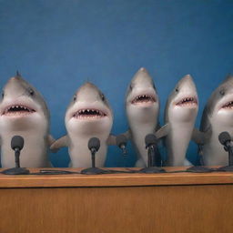 A group of animated sharks standing behind a podium, attending a press conference with microphones placed in front of them.