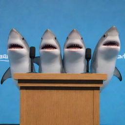 A group of animated sharks standing behind a podium, attending a press conference with microphones placed in front of them.