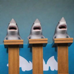 A group of animated sharks standing behind a podium, attending a press conference with microphones placed in front of them.