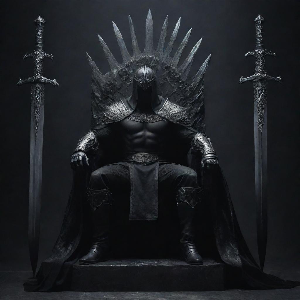 A formidable, dark warrior sits on the throne, a black sword exuding power by his side, capturing the essence of might and mystery