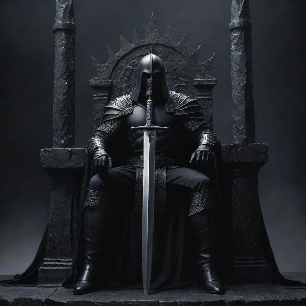 A formidable, dark warrior sits on the throne, a black sword exuding power by his side, capturing the essence of might and mystery