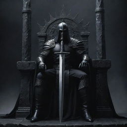 A formidable, dark warrior sits on the throne, a black sword exuding power by his side, capturing the essence of might and mystery