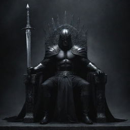 A formidable, dark warrior sits on the throne, a black sword exuding power by his side, capturing the essence of might and mystery