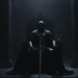 A powerful, dark warrior, holding a black sword, sits dominantly on the throne, his presence magnified against a dramatic, shadowy backdrop