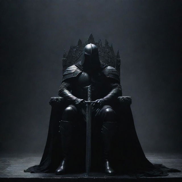 A powerful, dark warrior, holding a black sword, sits dominantly on the throne, his presence magnified against a dramatic, shadowy backdrop