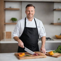 A professional chef standing in a gleaming kitchen filled with stainless steel appliances, holding a carving knife and a freshly prepared gourmet dish.