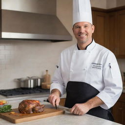 A professional chef standing in a gleaming kitchen filled with stainless steel appliances, holding a carving knife and a freshly prepared gourmet dish.