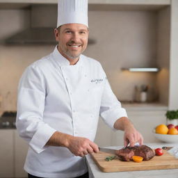 A professional chef standing in a gleaming kitchen filled with stainless steel appliances, holding a carving knife and a freshly prepared gourmet dish.