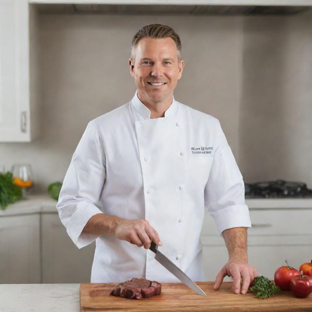 A professional chef standing in a gleaming kitchen filled with stainless steel appliances, holding a carving knife and a freshly prepared gourmet dish.