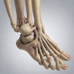 A detailed, anatomical illustration of the joints of the human foot showing bones, ligaments, and tendons.