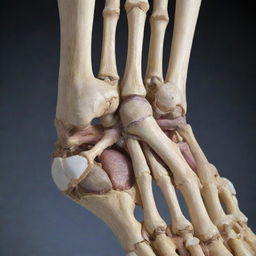 A detailed, anatomical illustration of the joints of the human foot showing bones, ligaments, and tendons.