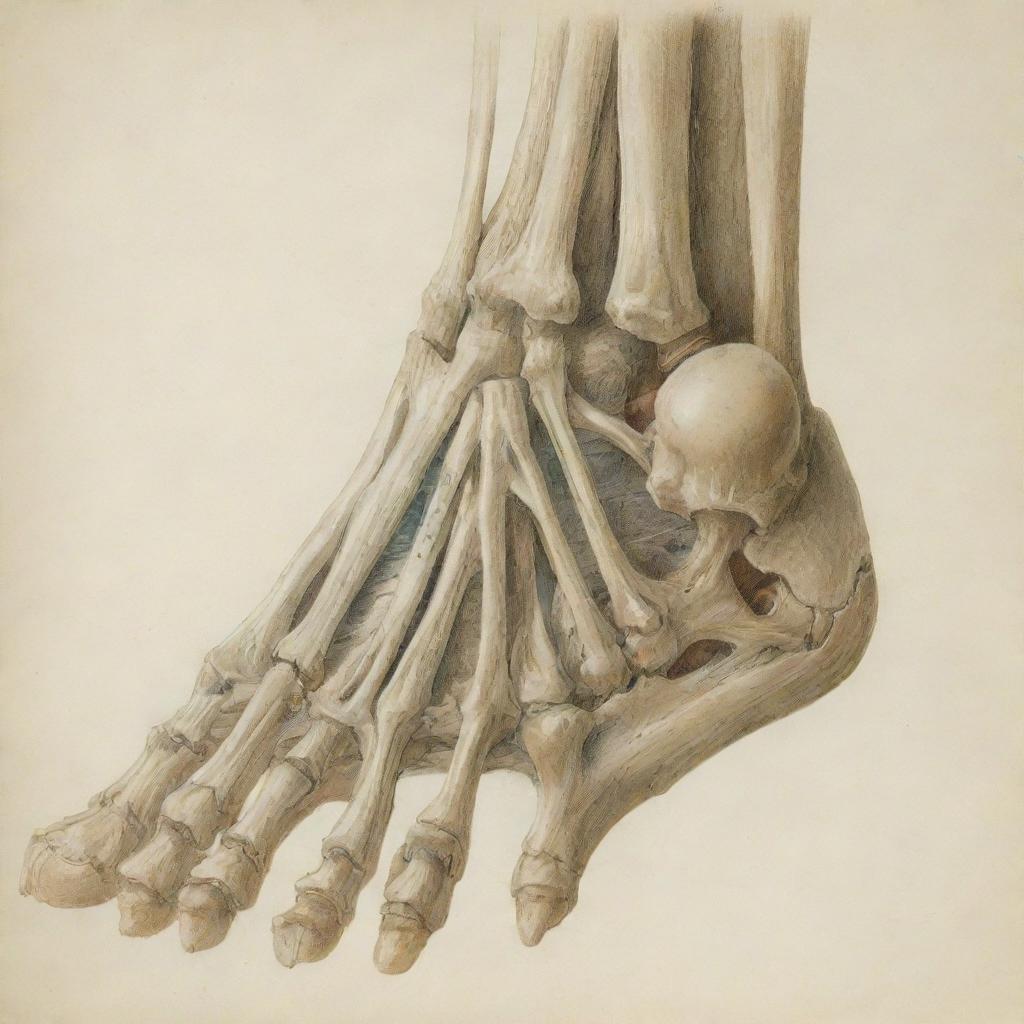 A detailed, anatomical illustration of the joints of the human foot showing bones, ligaments, and tendons.