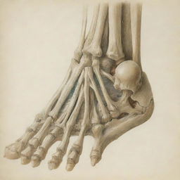 A detailed, anatomical illustration of the joints of the human foot showing bones, ligaments, and tendons.