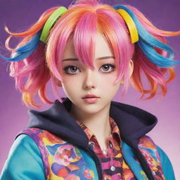 A detailed, vibrant anime character with colorful hair and expressive eyes. The character is dressed in an intricate, stylish outfit, highlighted by radiant, playful colors.