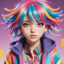 A detailed, vibrant anime character with colorful hair and expressive eyes. The character is dressed in an intricate, stylish outfit, highlighted by radiant, playful colors.