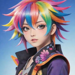 A detailed, vibrant anime character with colorful hair and expressive eyes. The character is dressed in an intricate, stylish outfit, highlighted by radiant, playful colors.