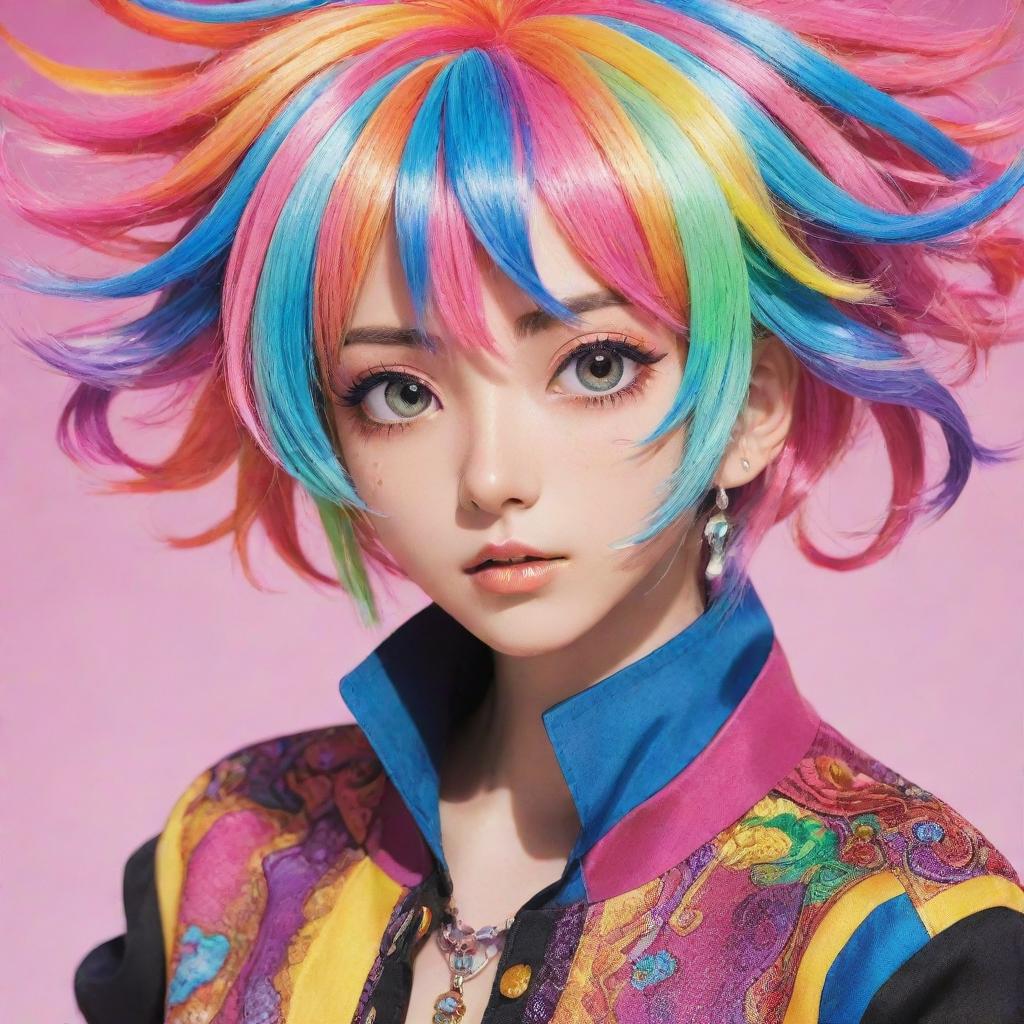 A detailed, vibrant anime character with colorful hair and expressive eyes. The character is dressed in an intricate, stylish outfit, highlighted by radiant, playful colors.