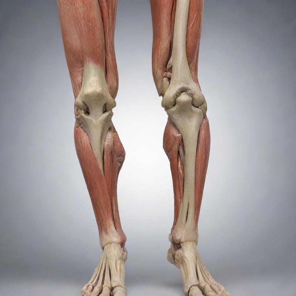 A comprehensive, realistic depiction of the joints of the human leg featuring the hip, knee, and ankle with all the muscles, bones, and ligaments.