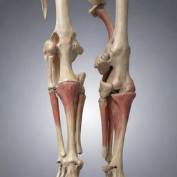 A comprehensive, realistic depiction of the joints of the human leg featuring the hip, knee, and ankle with all the muscles, bones, and ligaments.