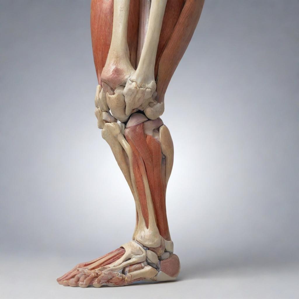 A comprehensive, realistic depiction of the joints of the human leg featuring the hip, knee, and ankle with all the muscles, bones, and ligaments.