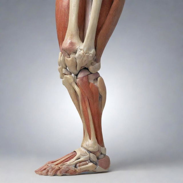 A comprehensive, realistic depiction of the joints of the human leg featuring the hip, knee, and ankle with all the muscles, bones, and ligaments.