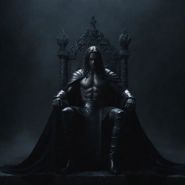 An extra majestic scene of a powerful, dark warrior, holding a black sword, seated dominantly on a grand throne against a dramatic, dark backdrop