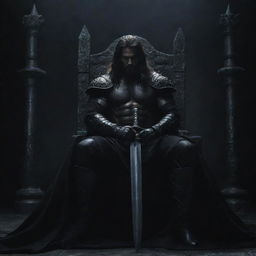 An extra majestic scene of a powerful, dark warrior, holding a black sword, seated dominantly on a grand throne against a dramatic, dark backdrop