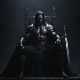 An extra majestic scene of a powerful, dark warrior, holding a black sword, seated dominantly on a grand throne against a dramatic, dark backdrop