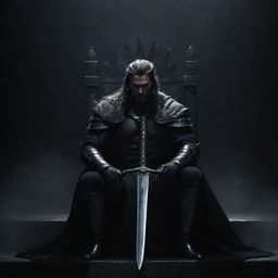 An extra majestic scene of a powerful, dark warrior, holding a black sword, seated dominantly on a grand throne against a dramatic, dark backdrop