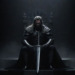 An extra majestic scene of a powerful, dark warrior, holding a black sword, seated dominantly on a grand throne against a dramatic, dark backdrop