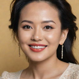 Generate a portrait of Bích Phương, an accomplished Vietnamese singer, showcasing her expressive eyes, her captivating smile and her overall friendly and bubbly personality.