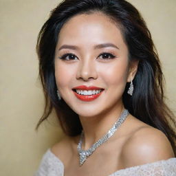 Generate a portrait of Bích Phương, an accomplished Vietnamese singer, showcasing her expressive eyes, her captivating smile and her overall friendly and bubbly personality.