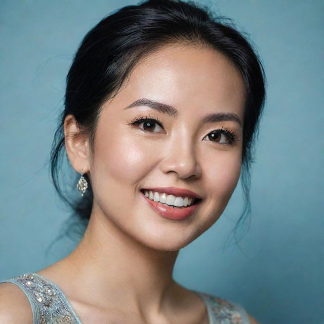 Generate a portrait of Bích Phương, an accomplished Vietnamese singer, showcasing her expressive eyes, her captivating smile and her overall friendly and bubbly personality.