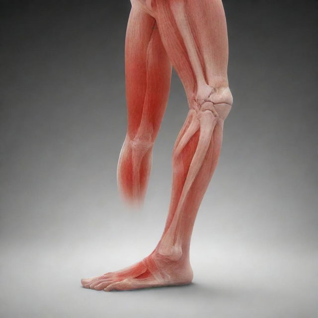 An illustrated image showing a strained leg muscle as if under x-ray with focal point on red inflammation area to symbolize pain and injury.