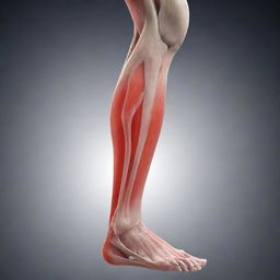 An illustrated image showing a strained leg muscle as if under x-ray with focal point on red inflammation area to symbolize pain and injury.