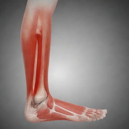 An illustrated image showing a strained leg muscle as if under x-ray with focal point on red inflammation area to symbolize pain and injury.