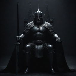 An overly majestic depiction of a powerful, dark warrior wearing a helm, holding a black sword, seated resplendently on a grand throne against an intensely dark backdrop