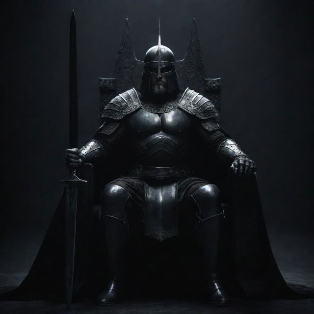 An overly majestic depiction of a powerful, dark warrior wearing a helm, holding a black sword, seated resplendently on a grand throne against an intensely dark backdrop