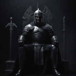 An overly majestic depiction of a powerful, dark warrior wearing a helm, holding a black sword, seated resplendently on a grand throne against an intensely dark backdrop