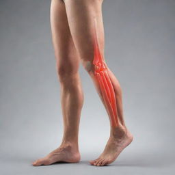 A graphic representation of a leg with a visible muscle strain, highlighted in red, to demonstrate the area of injury and discomfort.