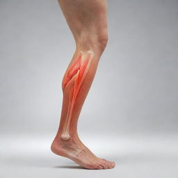 A graphic representation of a leg with a visible muscle strain, highlighted in red, to demonstrate the area of injury and discomfort.