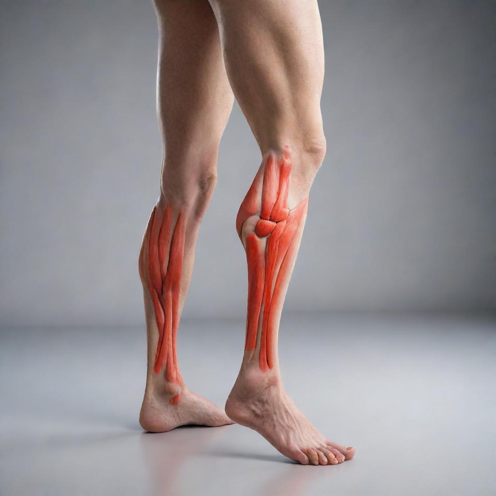 A graphic representation of a leg with a visible muscle strain, highlighted in red, to demonstrate the area of injury and discomfort.