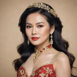 Generate a portrait of Bích Phương, a renowned Vietnamese singer, portraying her radiant appearance, exquisite style, and the charming allure that defines her stage presence.