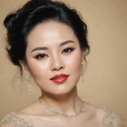 Generate a portrait of Bích Phương, a renowned Vietnamese singer, portraying her radiant appearance, exquisite style, and the charming allure that defines her stage presence.